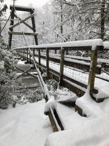 toccoa swinging bridge with snow